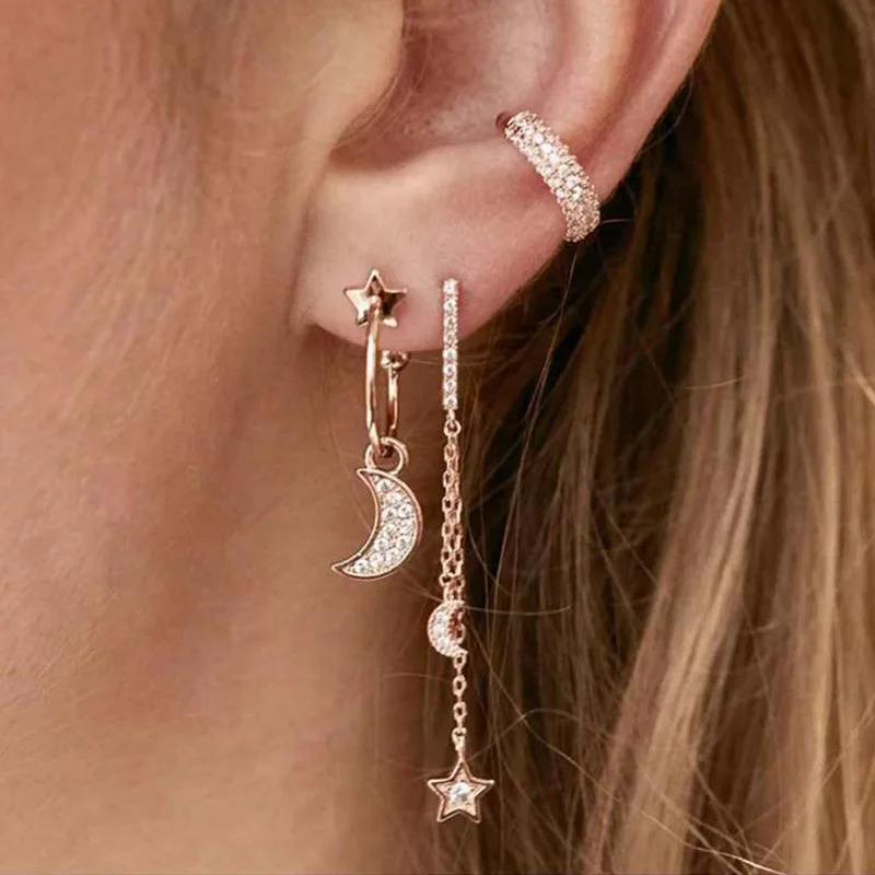 Bohemian Star Moon Tassel Earring Set For Women Pavé Crystal Ear Bone Clip Summer Beach Casual Party Jewelry Girlfriend Gift