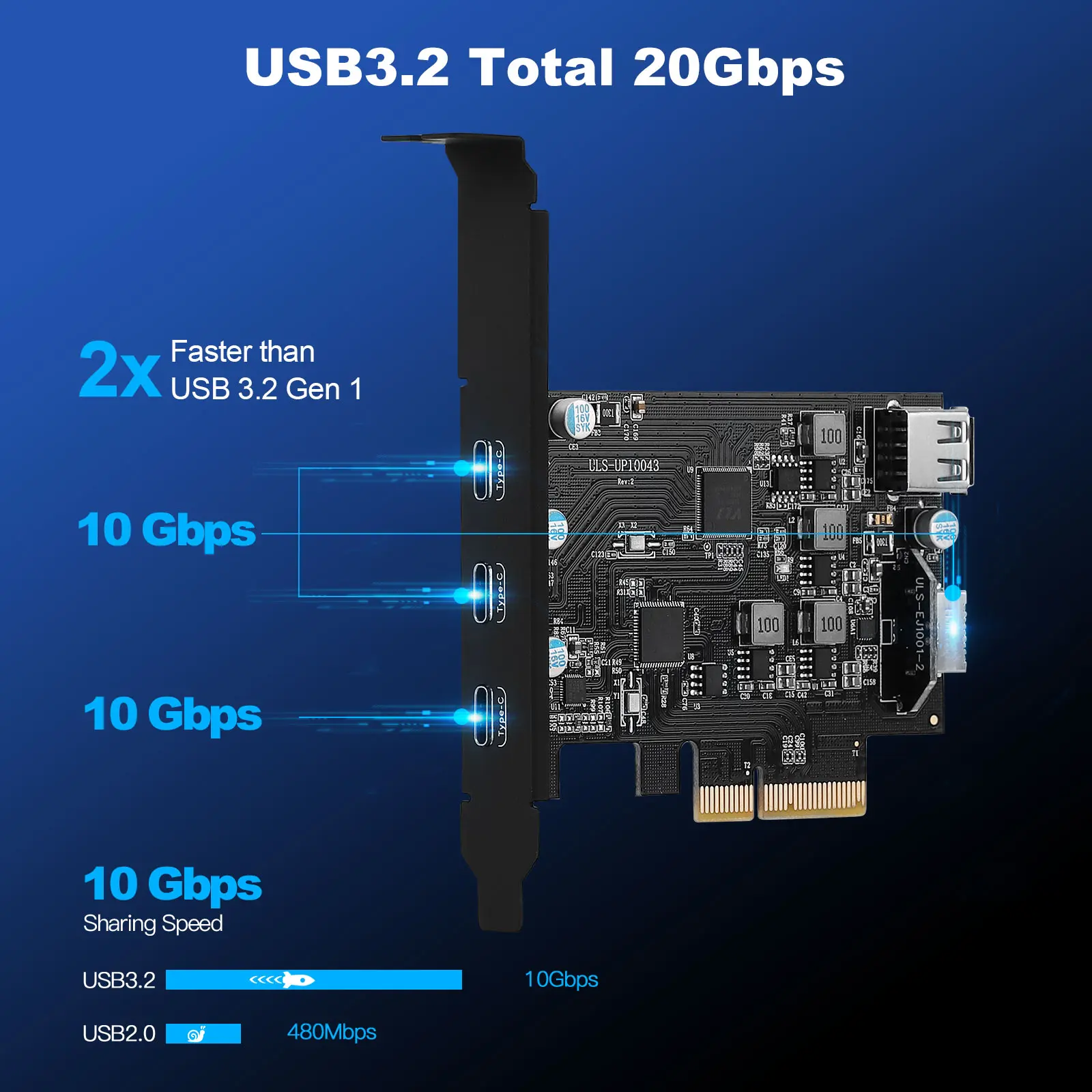 PCI-e to USB 3.2 Gen 2 5ports Card with 20Gbps Bandwidth 3xUSB-C 1xA-Key 20 Pin Header for Type C Front Panel Mount Adapter