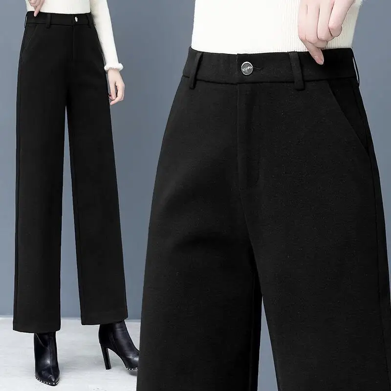 Autumn Winter Woolen Suit Pants Women Thick Warm Trousers High Waist Loose Wide Leg Straight Casual OL Office Lady Harem Pants