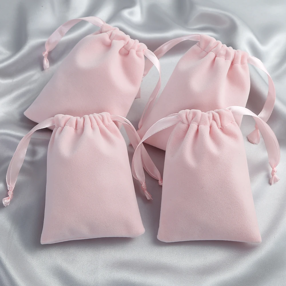 10pcs Pink Thick Velvet Jewelry Packaging Bag Drawstring with Ribbon Rings Board Game Tarots Playing Cards Storage Organizer Bag