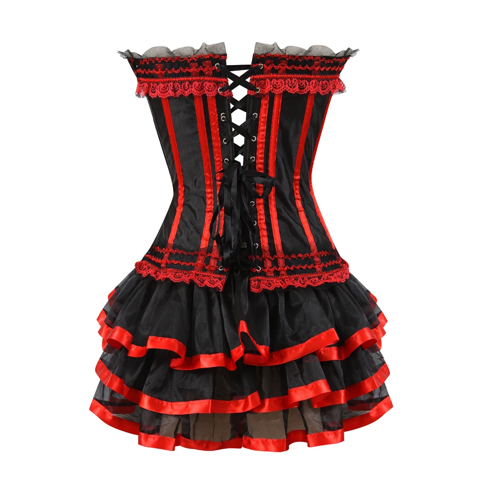 Top de corsé rojo para mujer, de encaje minifalda, disfraz de fiesta de carnaval, vestido de baile Showgirl, vestidos de corsé Sexy con correas