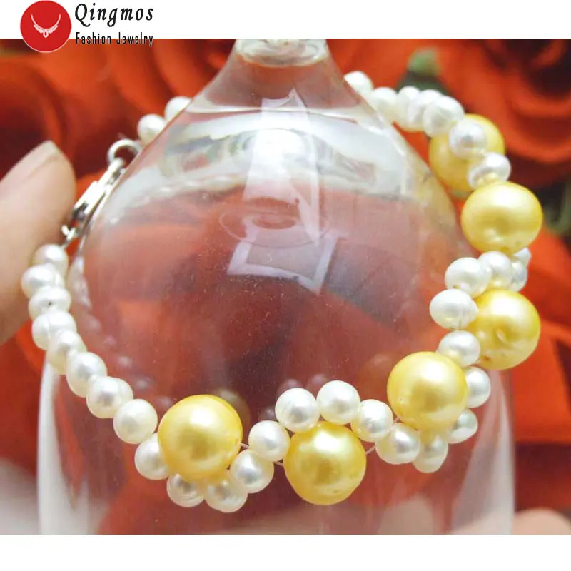 

Qingmos Natural Pearl Bracelet for Women with 5-6mm White and 9-10mm Yellow Round Freshwater Pearl Weaving Bracelet 7.5'' bra408