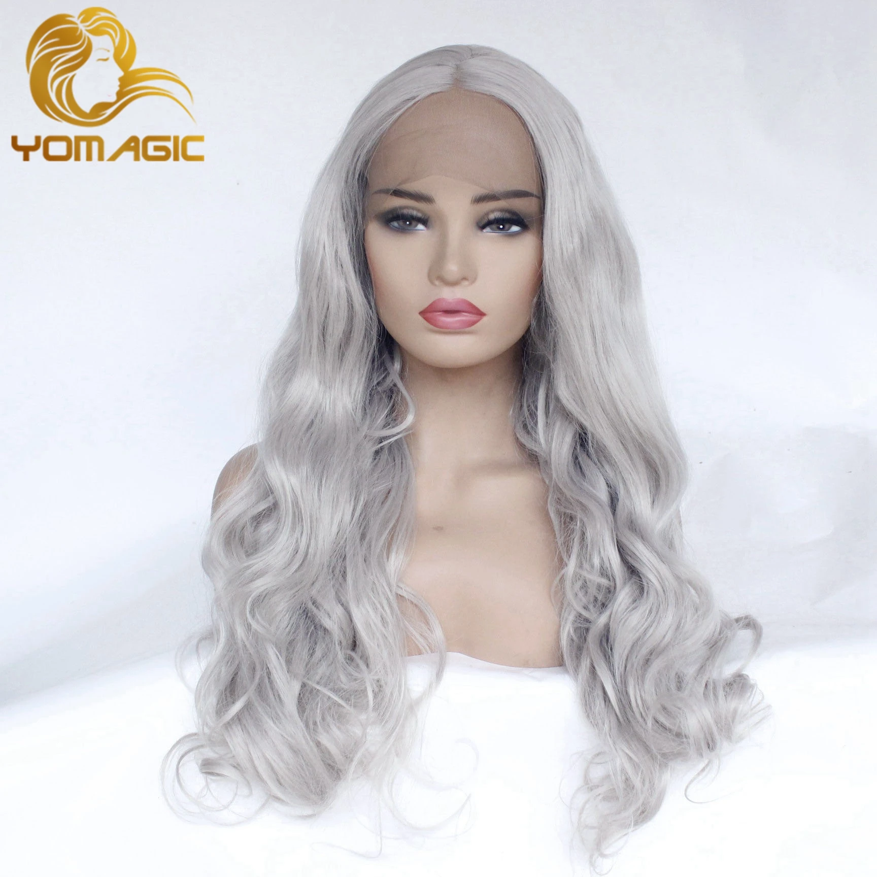 Yomagic Gray Synthetic Lace Front Wigs for Women Party Body Wave Heat Resistant Fiber Glueless Lace Wig with Baby Hair