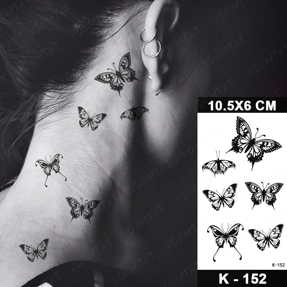 Waterproof Temporary Tattoo Stickers Black Butterfly Rose Transfer Flash Tatoo Women Sexy Neck Hand Chest  Body Art Fake Tattoos