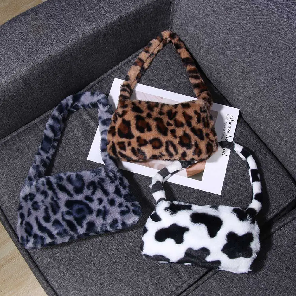 INS Fashion Women Cow Print Mini Shoulder Bags Female Winter  Underarm Bags Leopard Zebra Pattern Fluffy Tote Bags