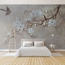 Papel pintado fotográfico personalizado De cualquier tamaño Pastoral moderno 3D flores en relieve pájaros Mural Papel De pared sala De estar dormitorio Papel De pared
