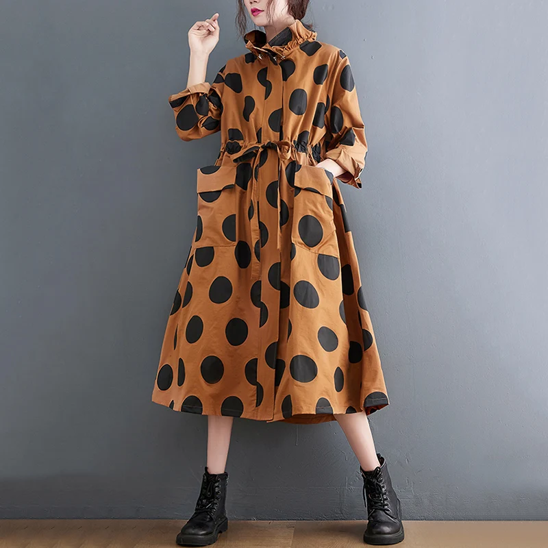 2026 Autumn Winter Oversized Polka Dot Long Trench Coat For Women Clothes Stand Collar Drawstring Fashion Casual Loose Outerwear