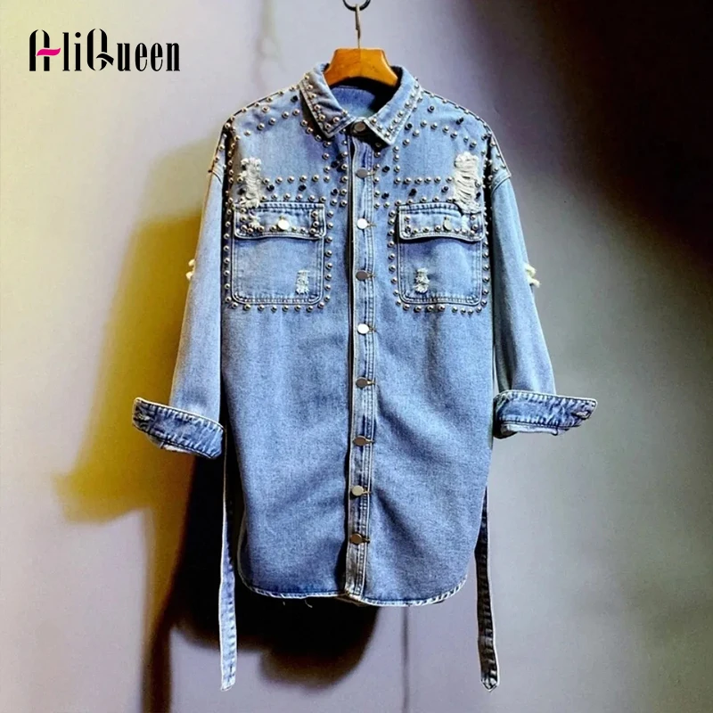 

Women Rivet Hole Jeans Jacket Autumn Windbreaker Outerwear Long Sashes Denim Shirt Female Loose Shirts Tops Vintage Jeans Coat