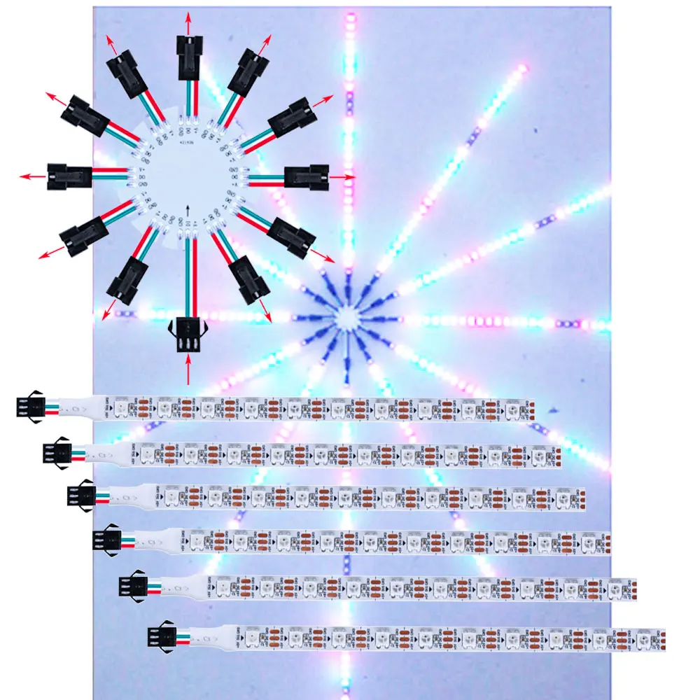 Lumières de feux d\'artifice LED, DC 5V, WS2812b, 5050 RVB, bande adressable allérieurement, 3 broches, 12 canaux, 10LED, 16.6cm, 15LED, 25cm, IP30