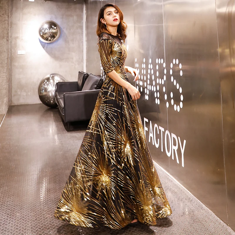 Robe De Soiree Evening Dress Gold Sequined Crystal O-Neck Black Floor-Length Dinner Long Party Prom Gowns