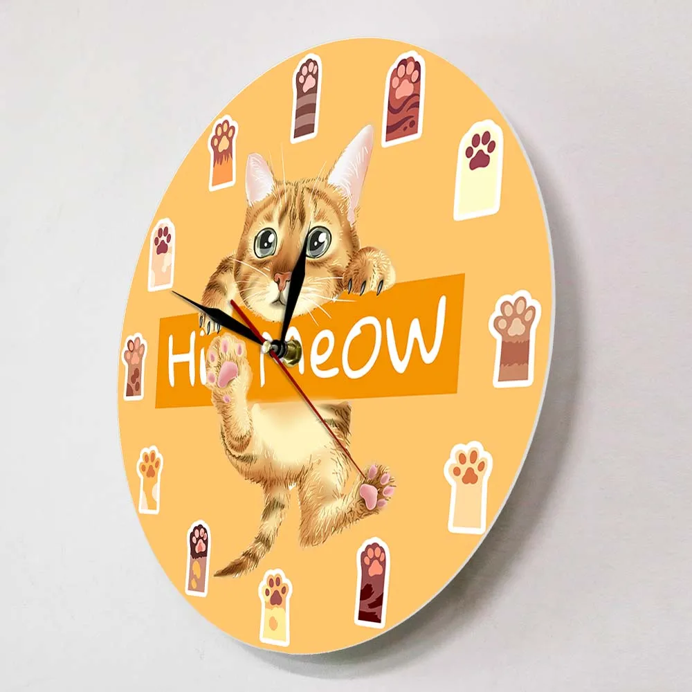 Hi Meow Colorful Cat Paws Art Clock For Kids Bedroom Silent Movement Timepieces Cartoon Home Décor Hanging Kitty Wall Watch