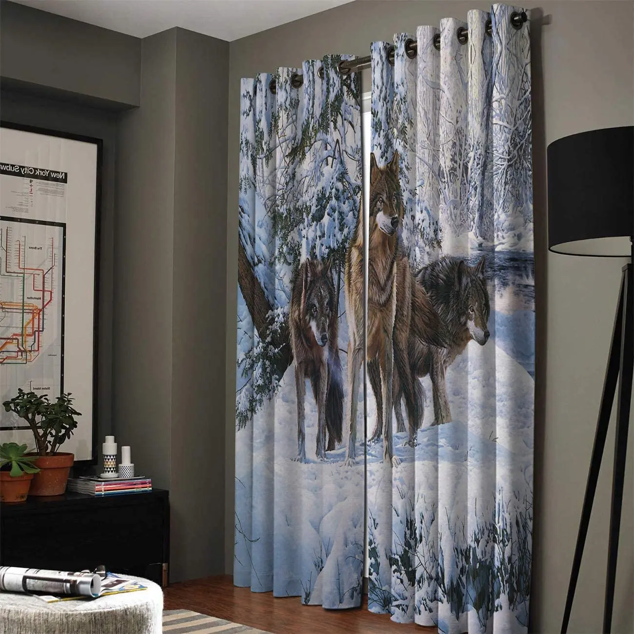 Forest Snow Scene Animal Wolf Window Curtain Kitchen Bedroom Decorative Curtain Panel Curtains for Living Room