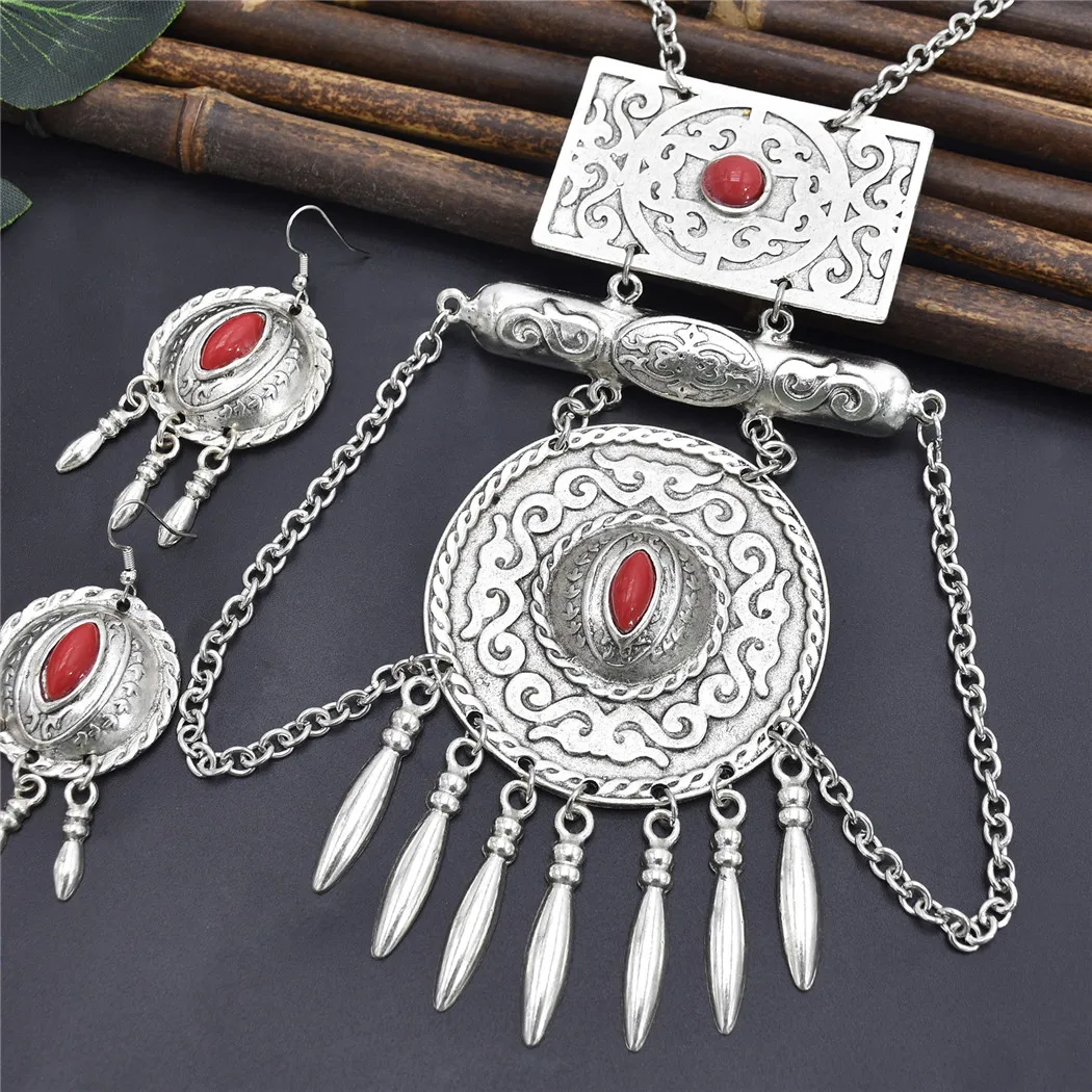 Afghan Jewelry Sets for Bohemian Tibetan Silver Color Metal Red Blue Stone Necklace Bracelet Earring Sets Indian Turkish Tribal