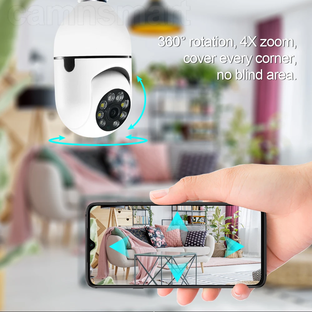 3MP Ycc365 Plus Wifi Camera Light Bulb Wireless Color Night Vision 4X Digital Zoom Auto Track Onvif Protocol Indoor Home Use