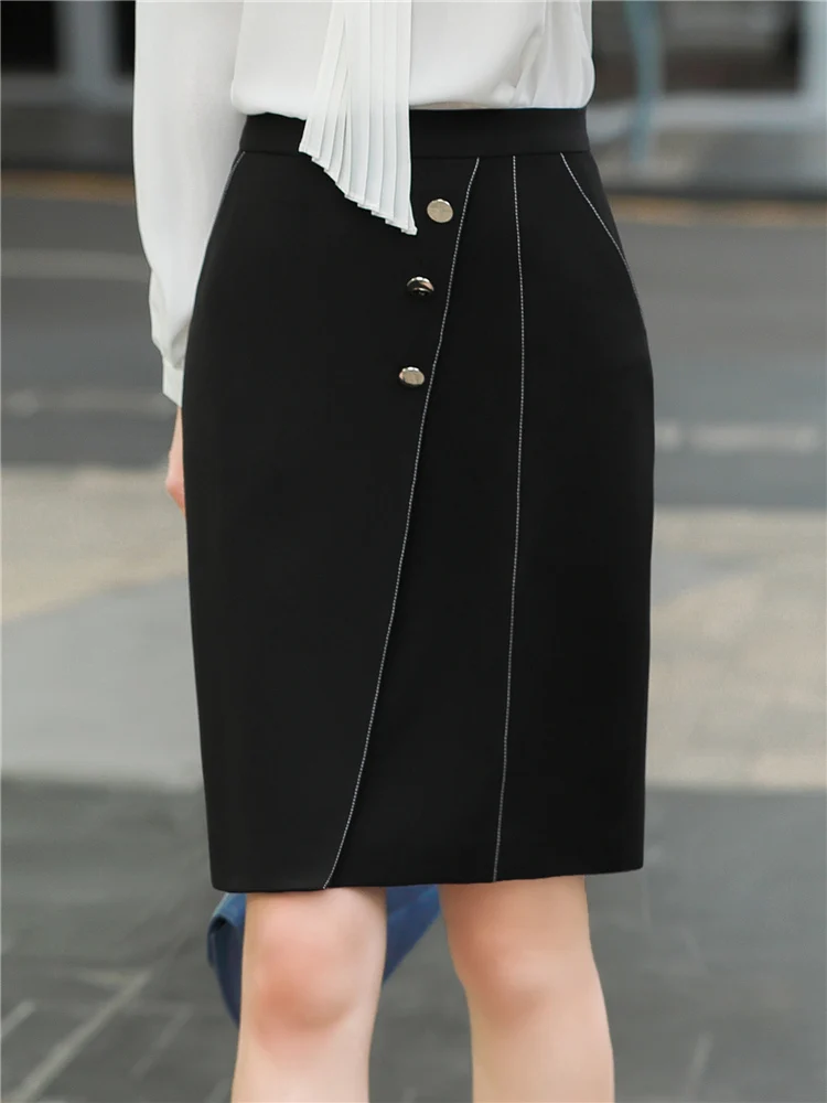 Fashion Summer 2022 Women Skirt Black High Waist Work Slim High Quality Poket Midi Skirt Open Fork Office Lady Skirts Female