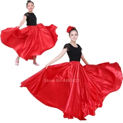 360Degree Belly Dancing Skirt Solid Gypsy Women Girl Spanish Flamenco Skirt Satin Big Swing Dress Adult Kids Stage Performance