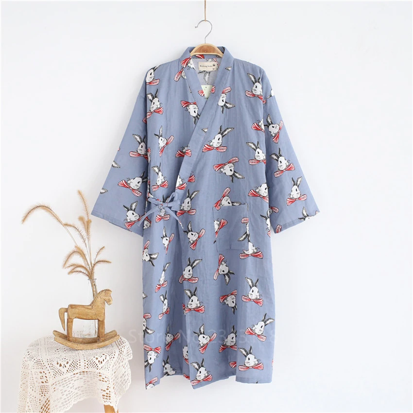 

Japanese Kimono Yukata Pajama Women Girl Cotton Sleepwear Outfit Cute Rabbit Print Soft Sister Pink Spa Sauna Clothes Homewear