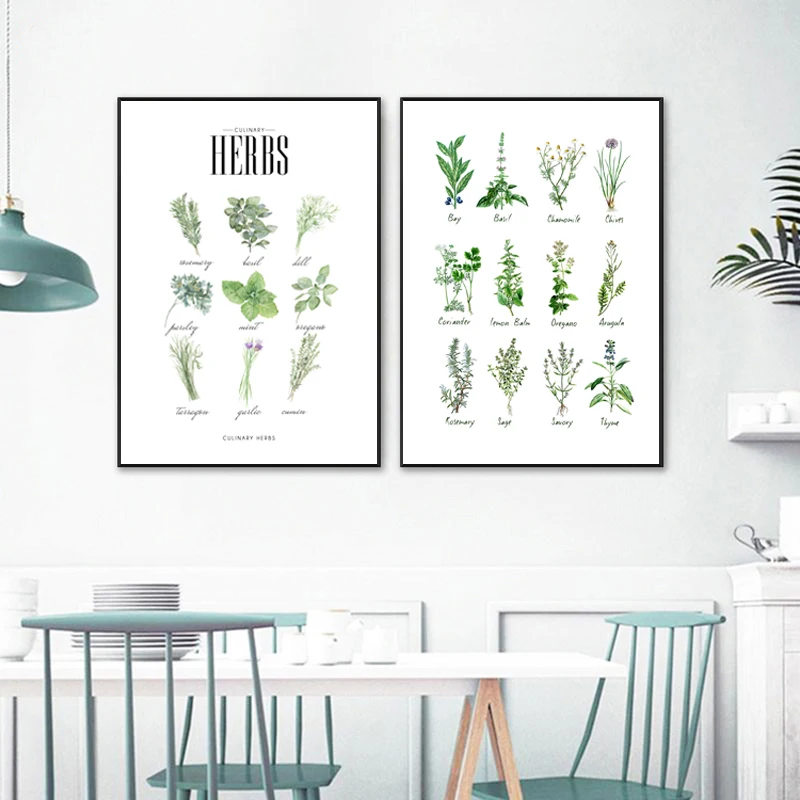 Culinary Herbs Prints Vegetable Botanical Poster Kitchen Decor , Spices Herbs Guide Wall Art Pictures Canvas Painting Decoration