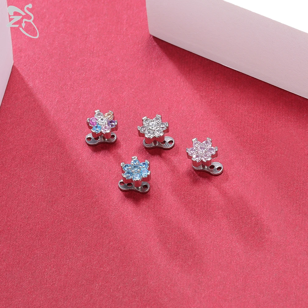 ZS 2PCS/LOT CZ Crystal Opal Skin Diver Round Dermal Piercings Flower 316L Stainless Steel Micro Dermal Anchor Hide in Surface