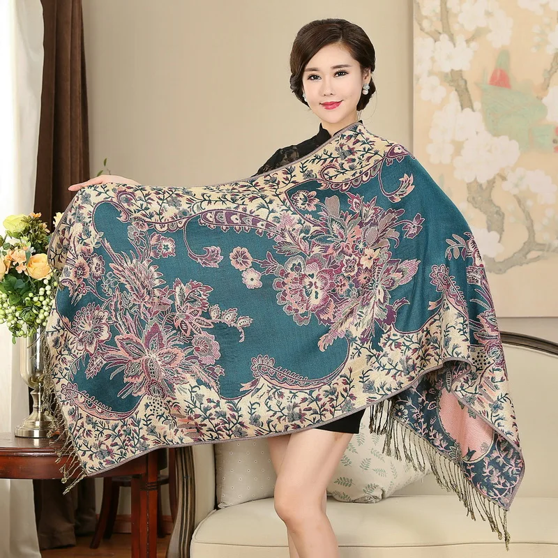 Luxury Brand for Woman Print Scarf Chinese Ethnic Style Flower Pattern Tassel Winter Warm And Soft Long Blanket Scarf Shawl