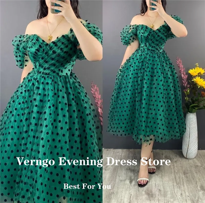 Verngo Princess A Line Black Polka Dotted Tulle Prom Dresses Off Shoulder Short Sleeves Tea Length Formal Party Gowns Plus Size