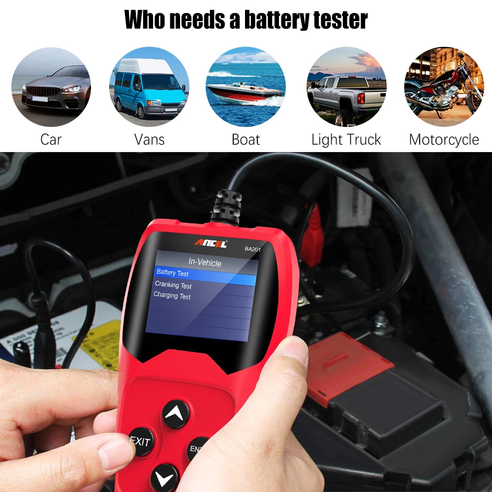 ANCEL BA201 Battery Tester 12V Car Battery Analyzer 220Ah 2000CCA Voltage Loading Quick Cranking Charging Auto Diagnostic Tool