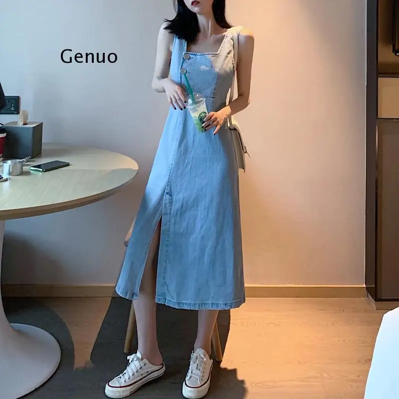 Women Denim Dress Summer New Style Female Chic Retro Square Collar Buckle Slim Braces Ladies Vestido