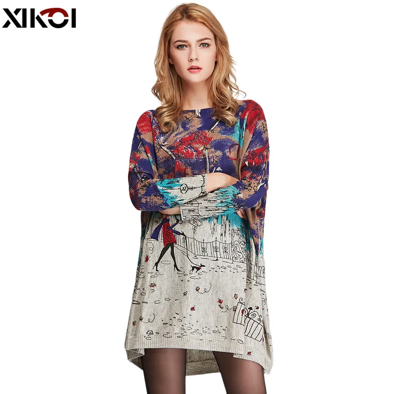 

XIKOI Oversize Sweater Women Casual Pull Femme Batwing Sleeve Patchwork Print Long Sweaters Pullovers Fashion Loose Clothing