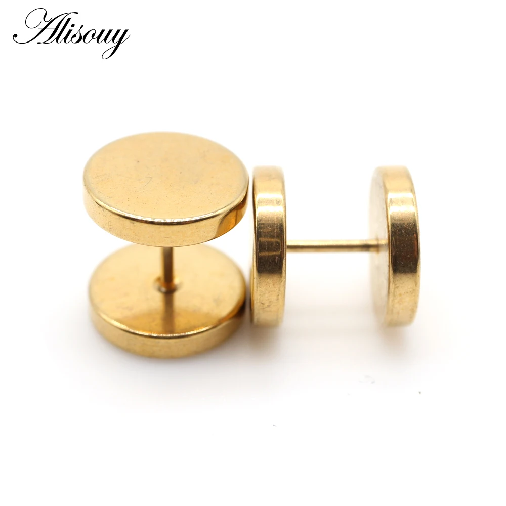 Alisouy 2pcs Gothic Stainless Steel Barbell Round Stud Earrings For Women Men Dumbbell Pierceing Earrings Punk Fashion Jewelry