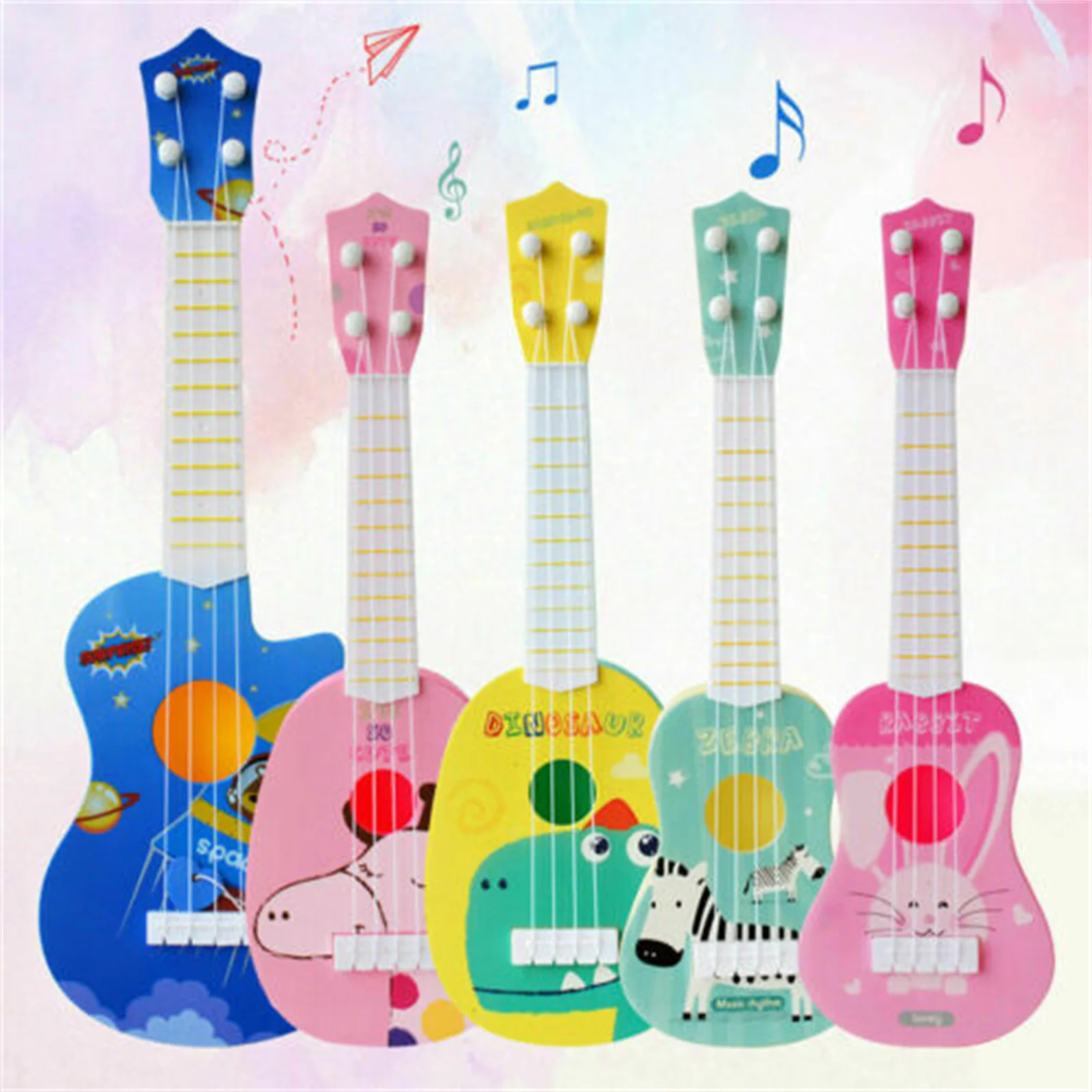 Toddler Kid's Musical Guitar Boys Girls Cute Cartoon Animal Print Mini Ukulele Instrument Educational Play Toys Pink/Blue/Yellow