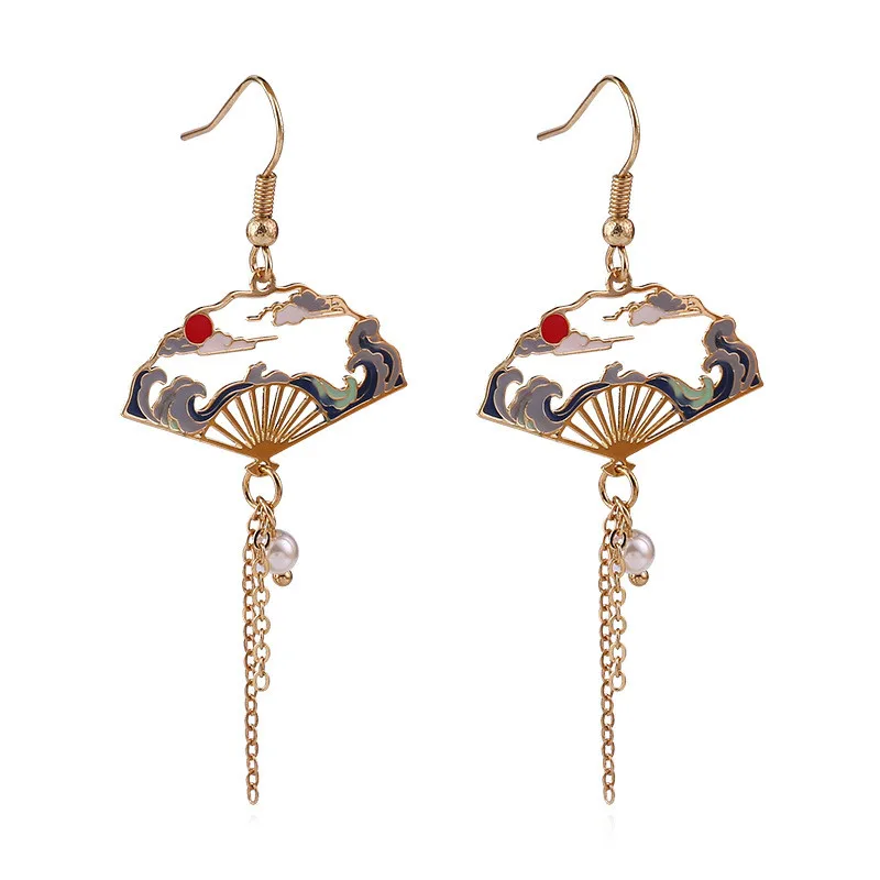 Chinese Style Folding Fan Crane Carp Lotus Asymmetrical Long Tassel Dangle National Style Earrings for Women Jewelry Gift