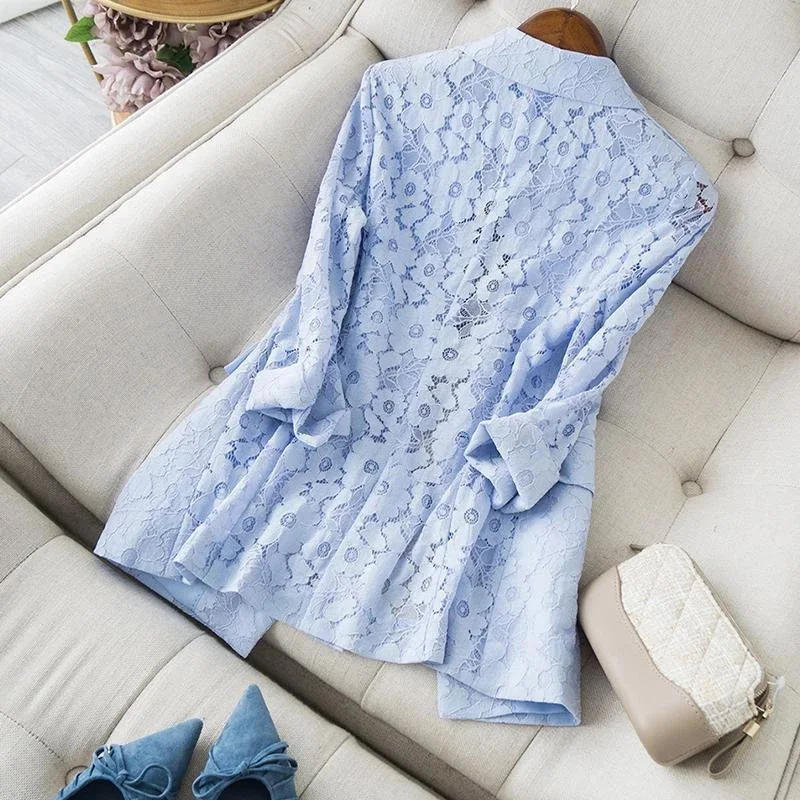 Spring Summer Lace Floral Small Suit Coat Women Plus Size Three Quarter Sleeve Single Button Fashion Slim Female Coat RE21116