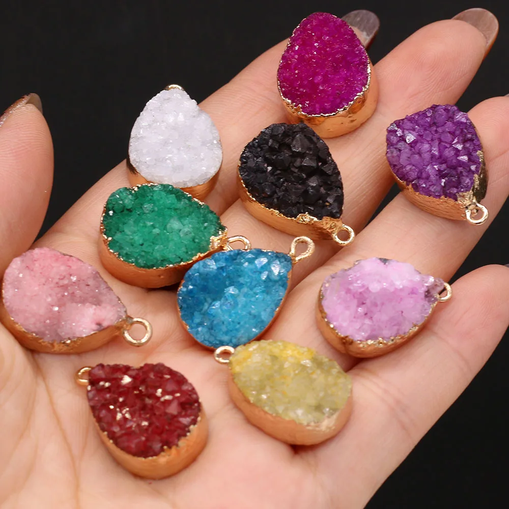 Natural Crystal Druzy Stone Red Pink Green Blue Pendants for Women Necklace Earring Jewelry Making DIY Gifts Size 24x15x8mm