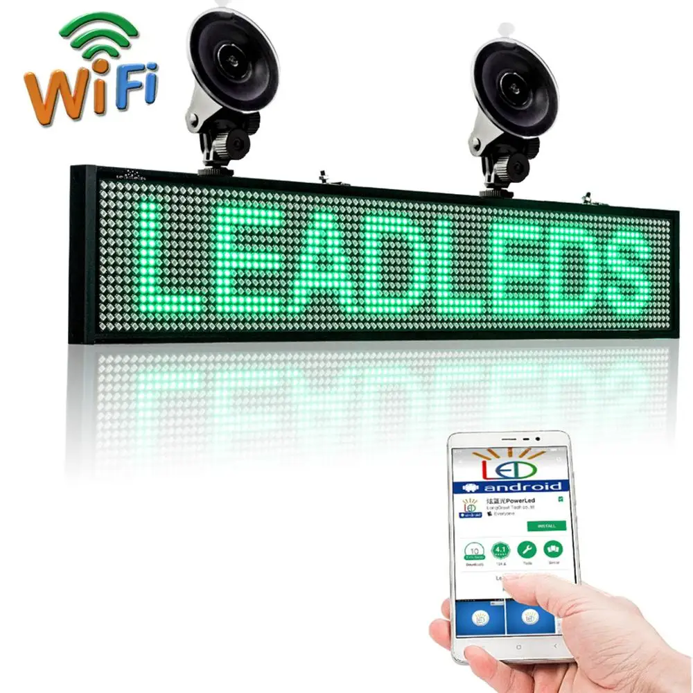 12V Car LED Sign Screen P5 50CM SMD WiFi Programmable Scrolling Message LED Electronic Display with Sucker Installed Green Text