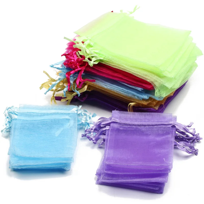 50pcs/lot 7x9cm 9x12cm 10x15 13x18cm Drawstring Organza Gift Bags Jewelry Packaging Bag Wedding Party Packaging Present Pouches