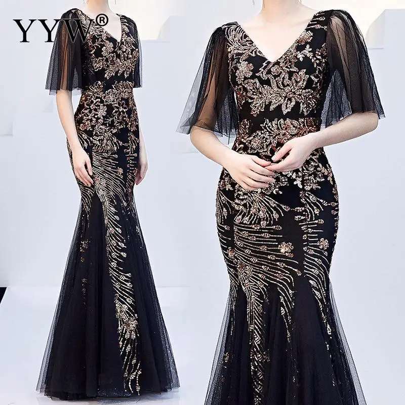 Batwing Sleeve Evening prom Dresses Luxury Black Mesh and Gold Floral Sequined V Neck Mermaid Dress Formal Party Long Dress 2024