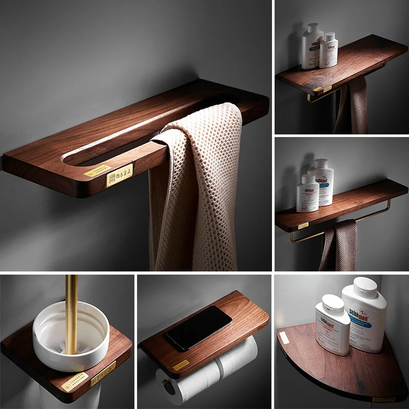 Bathroom Accessories Black Walnut & Brass Towel Rack/Ring Corner Shelf Cup/Paper/Toilet Brush Holder Soap Dish Hardware Set