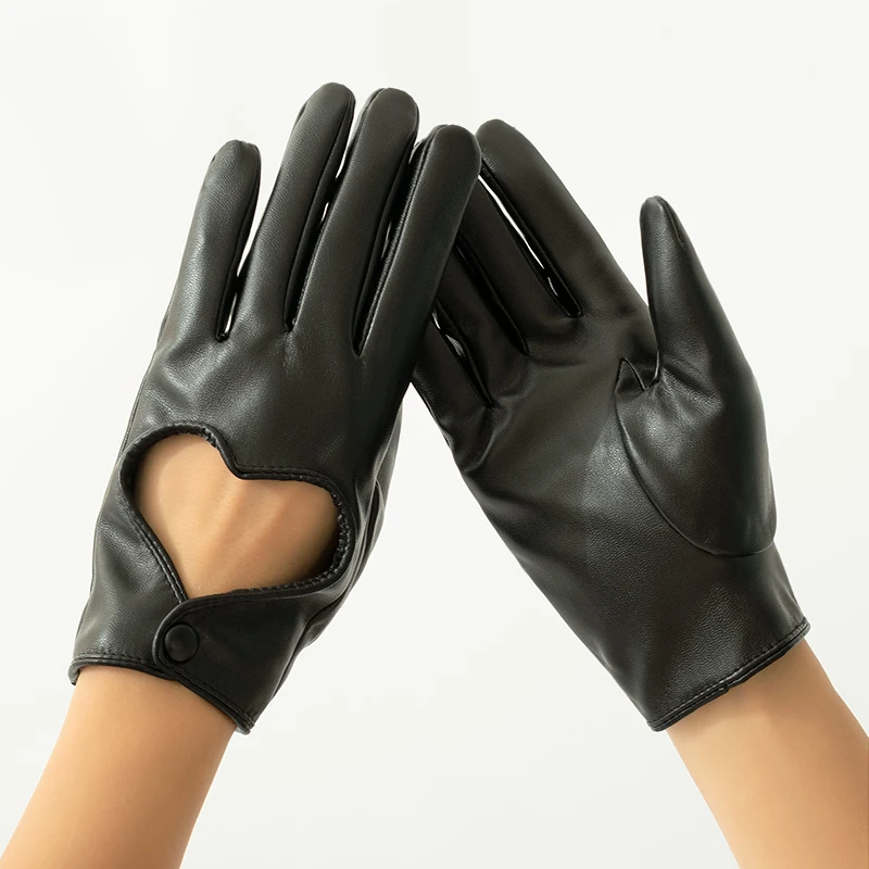 Women's Hollow Peach Heart PU Leather Gloves Winter Plus Velvet Thicken Riding Warm Full Finger Touch Screen Driving Mittens S27