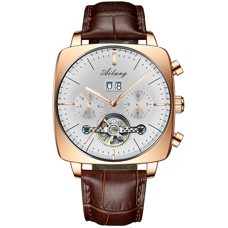 AILANG Mode Grün Große Zifferblatt Quadratische Mechanische Uhr für Männer Lederband Wasserdicht Tourbillon Uhren Herren Relogio Masculino 10