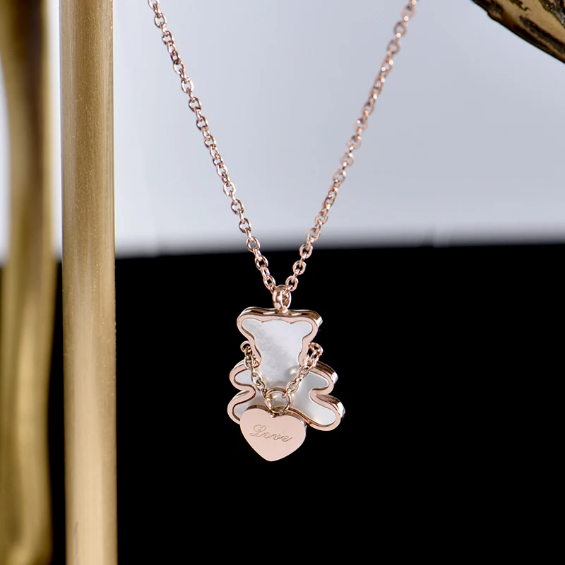 YUN RUO Lovely Little Heart Bear Pendant Necklace Rose Gold Titanium Steel Jewelry Woman Gift Not Change Color Drop Shipping