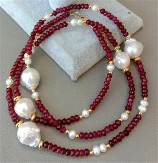 

HABITOO Luxury 12-14MM Natural White Keshi Freshwater Pearl Red Jade Long Necklace 32 Inch Women Fashion Jewelry Lobster Clasp