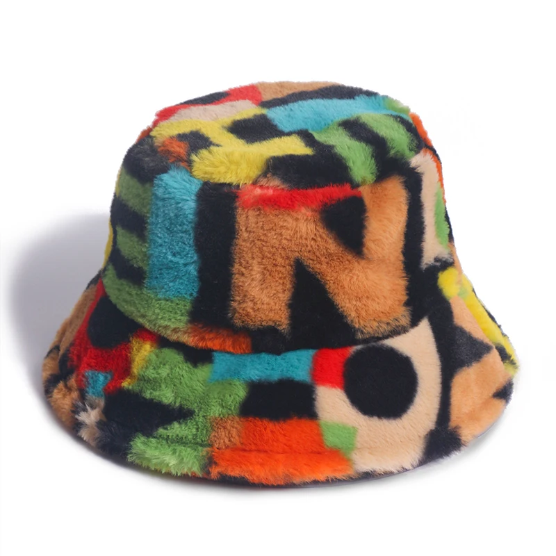 FOXMOTHER New Outdoor Multicolor Rainbow Faux Fur Letter Pattern Bucket Hats Women Winter Soft Warm Gorros Mujer