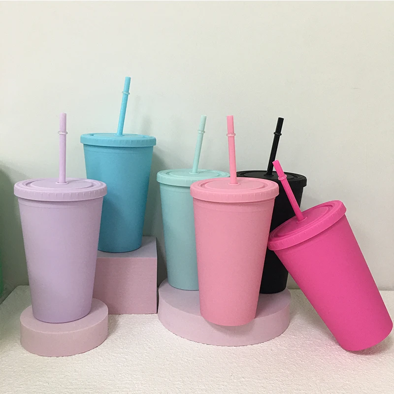 20pcs/Lot 16oz Matte Water Bottle Plastic Cone With Lids Straw Juice Tumbler Acrylic Reusable Portable For Father's Day Gift