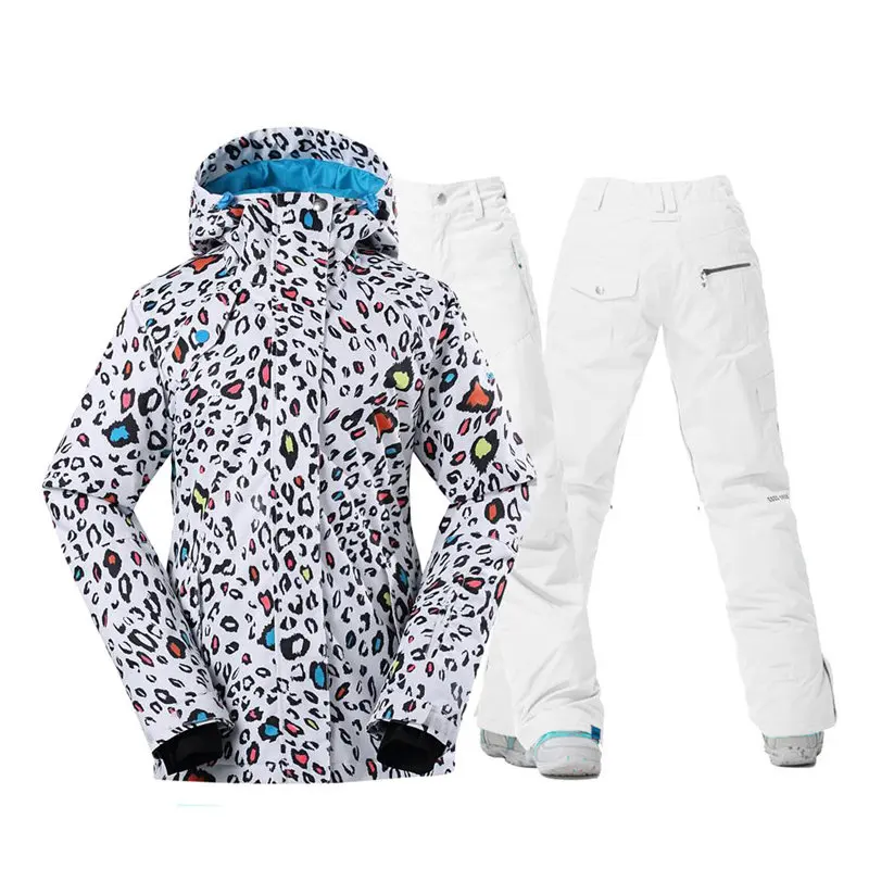 

White Leopard Women's Snow Outfit 10K Waterproof Windproof Outdoor Sports Suit Wear Snowboarding Costume Ski Jacket + Strap Pant