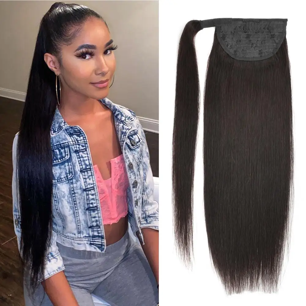 Real Beauty Ponytail Human Hair Clip In Straight European Wrap Around Long Ponytail Clip In 100% Remy Human Hair Extensions