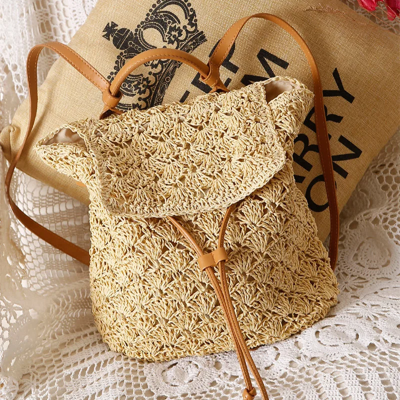 Casual Hollow Straw Backpacks for Women Wicker Woven Back Packs Summer Beach Rattan Bag Vinatge Travel Bali Bags for lady 2021