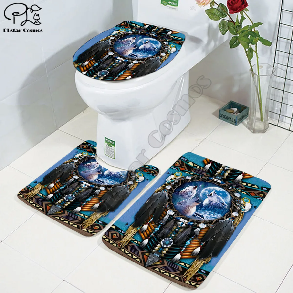 Wolf 3D printed Bathroom Pedestal Rug Lid Toilet Cover Bath Mat Set drop shipping style-3