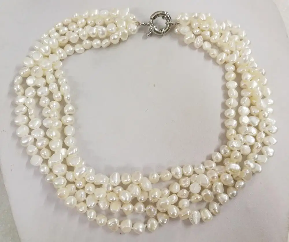 5 Rows 8x9mm white baroque beads choker necklace Natural freshwater flat pearl Women Jewelry 17''