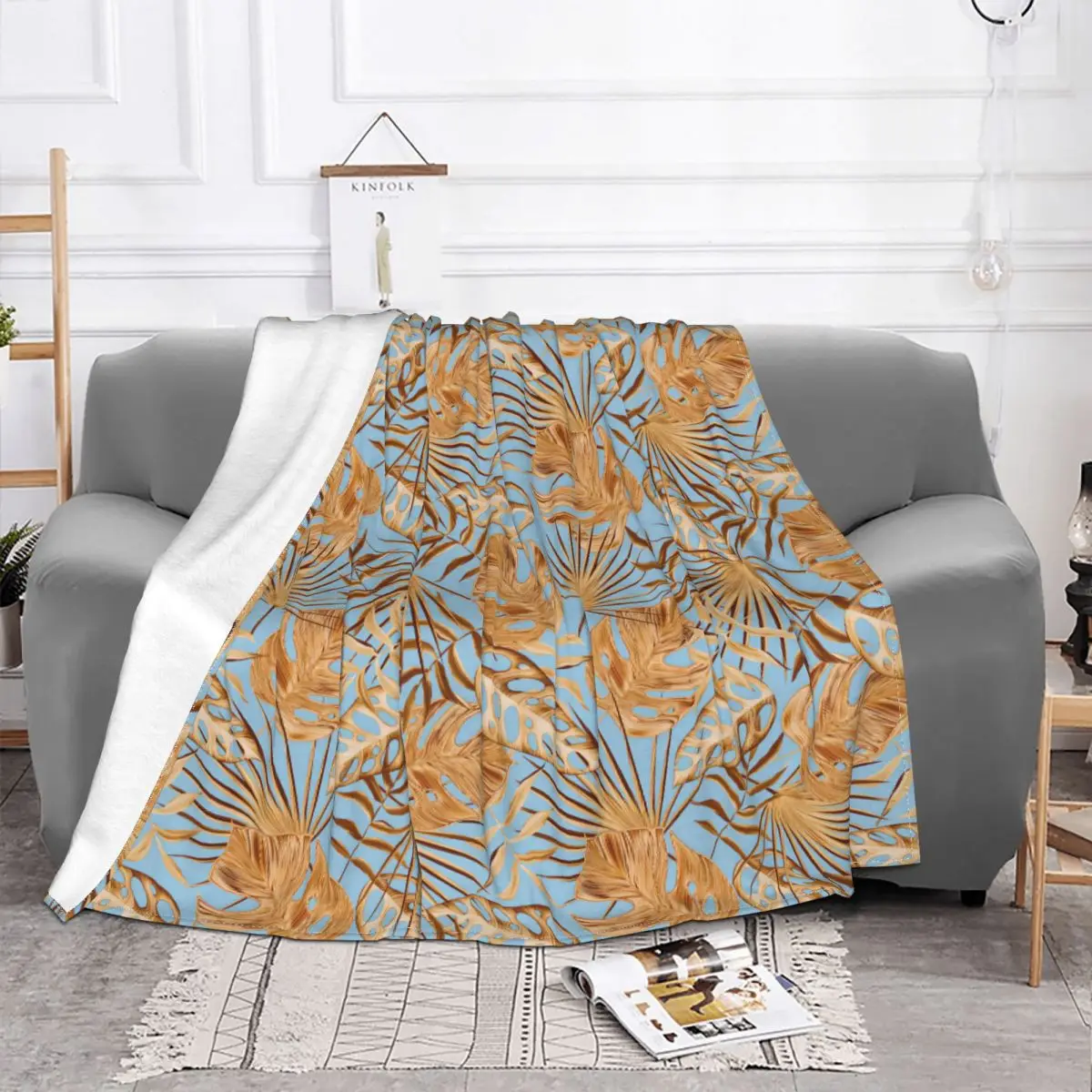 Golden Tropical Leaves Pattern Blankets Fleece Decoration Ultra-Soft Throw Blankets for Bedding Bedroom Plush Thin Quilt