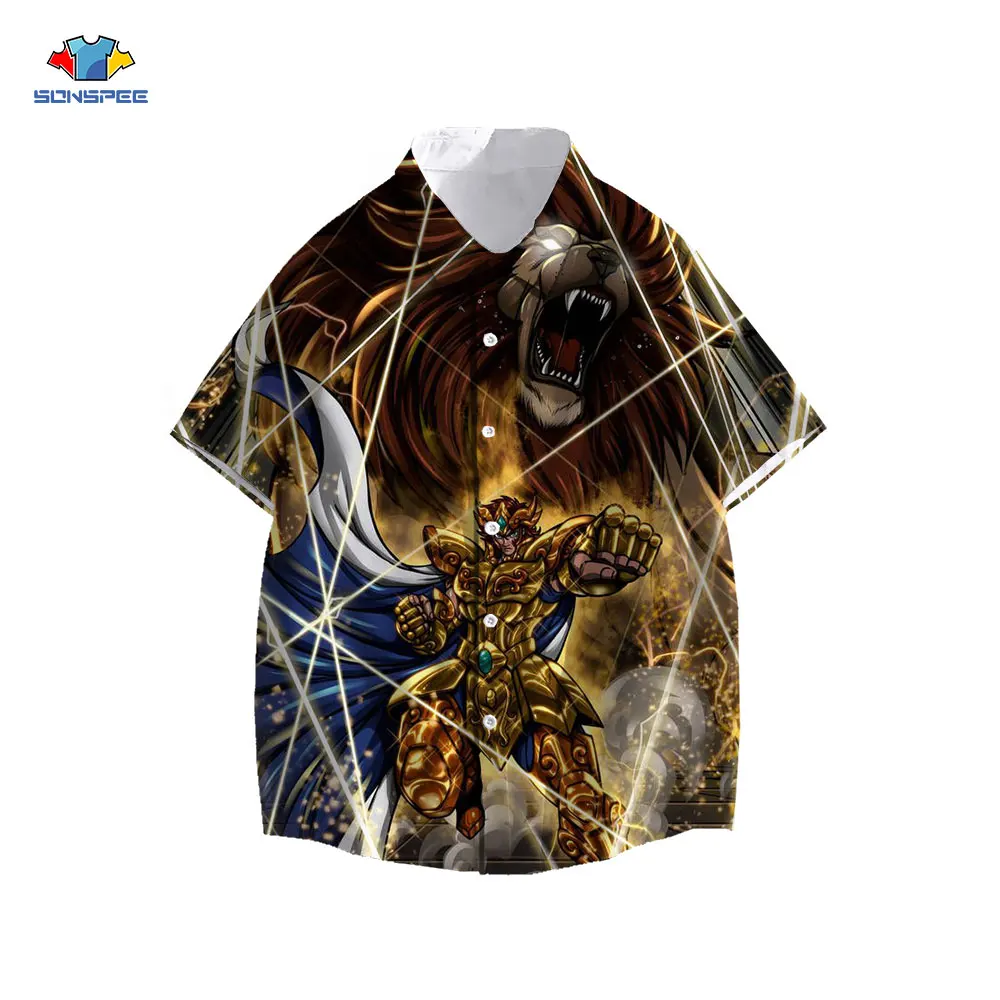 

SONSPEE Anime Saint Seiya Hawaiian Print Shirt Men Women Harajuku Short Sleeve Streetwear Summer Hip Hop Beach Oversize Top